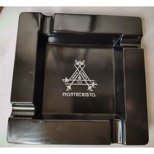 Vintage Montecristo Black Plastic Cigar Ashtray, Swords Fleur-de-Lis Barware